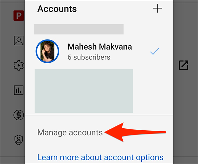 Selecione "Gerenciar contas" na tela "Contas" do YouTube.
