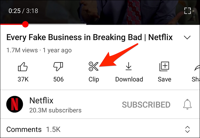 Toque em "Clipe" na página de um vídeo no aplicativo do YouTube.