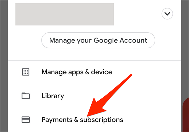 Selecione "Pagamentos e assinaturas" na Google Play Store.