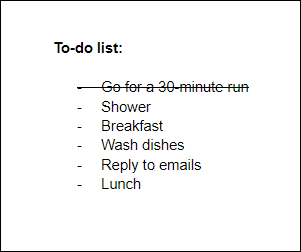 Uma lista de tarefas com tachado aplicado ao primeiro item.