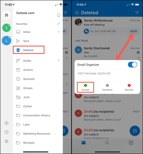 Toque para aceitar um recusado no Outlook para celular 