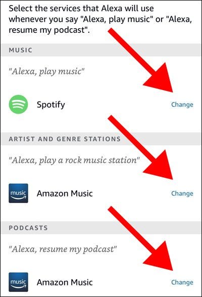 Serviços padrão do aplicativo Alexa para música