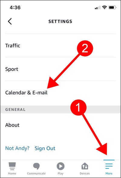 Toque na guia Mais, escolha Calendário e E-mail