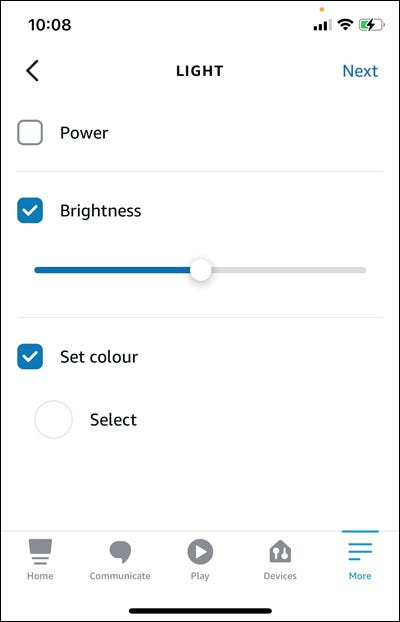 Ação de casa inteligente do aplicativo Alexa para luzes