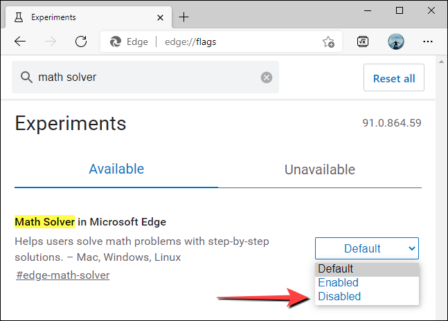 Abra a lista suspensa ao lado do sinalizador “Math Solver in Microsoft” e escolha “Disabled”.