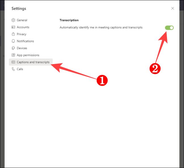 Selecione Legendas e transcrição no lado esquerdo e desative o botão de alternância para identificar automaticamente no lado direito.