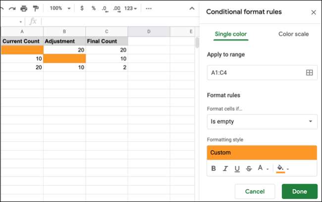 Formatação condicional do Planilhas Google para células em branco