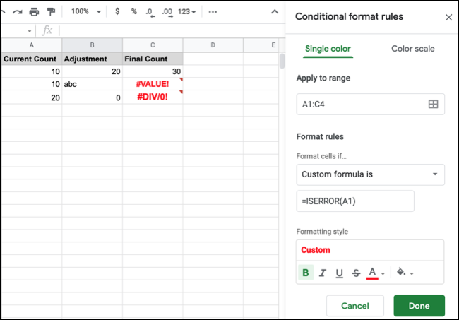 Formatação condicional do Planilhas Google para erros