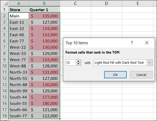 Padrões de formatação condicional para os 10 principais itens do Excel
