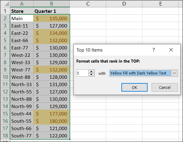 5 principais itens de formatação condicional em amarelo no Excel