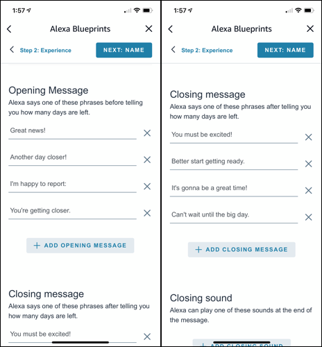 Personalize as mensagens de abertura e fechamento de Alexa
