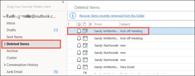 Pasta de itens excluídos no Outlook na área de trabalho