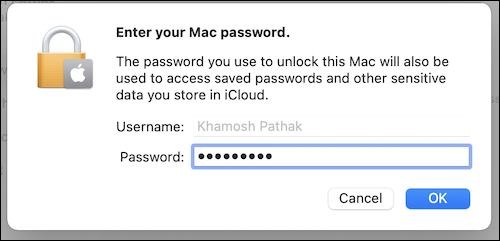 Digite sua senha do Mac na seção Apple ID para continuar usando o iCloud em seu Mac. 