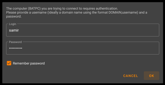 Faça login com o nome de usuário e a senha do seu computador compartilhado para permitir que o VLC acesse as pastas compartilhadas.