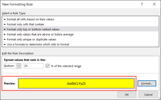 Revise a visualização da formatação condicional e clique em OK