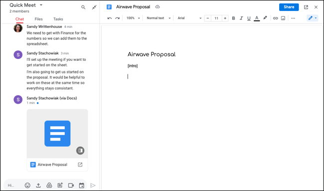 Novo documento do Google Docs no bate-papo do Google