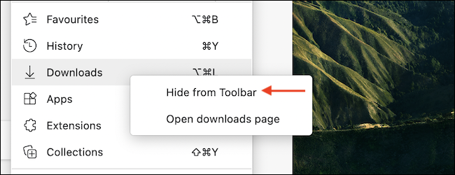 Clique com o botão direito na opção Downloads e clique em "Ocultar da Barra de Ferramentas". 