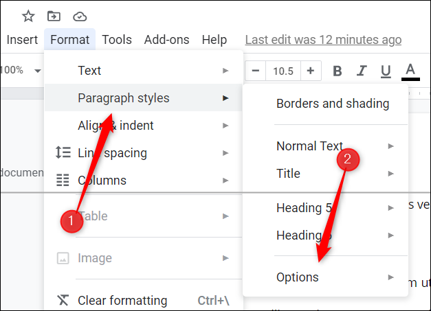 Passe o cursor sobre o Estilo do parágrafo e clique em Opções.