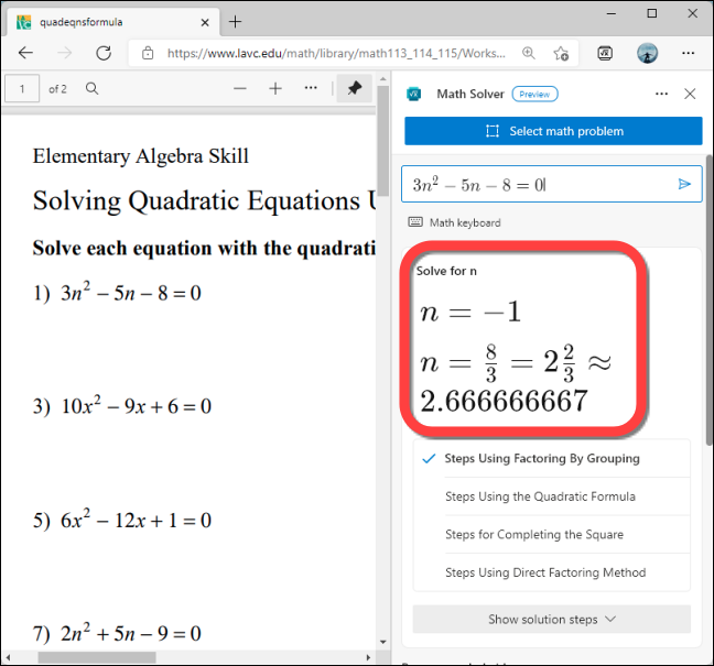 Math Solver mostra a solução para o problema.