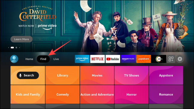 Abra a página inicial do Fire TV, vá para a seção Localizar e pressione o botão central do Fire TV Remote para abri-lo.