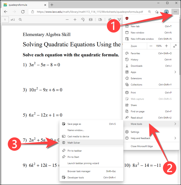 Primeiro, abra o "Math Solver" em "More Tools" depois de clicar no menu de reticências (três pontos) no canto superior direito do Microsoft Edge.