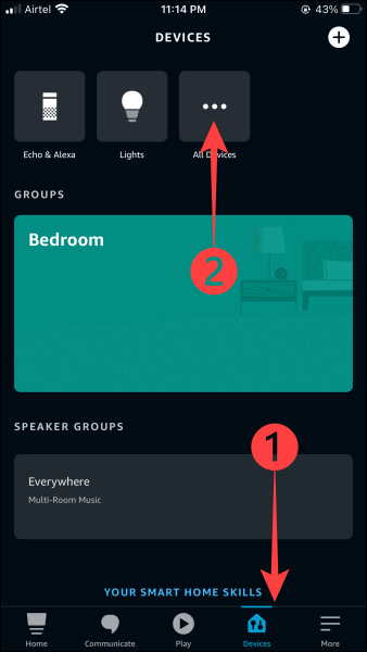 abra o aplicativo Alexa, toque em "Dispositivos" na parte inferior e selecione "Todos os dispositivos" na parte superior.