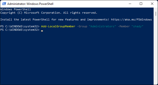 Execute o comando no Windows PowerShell para alterar o usuário para administrador.