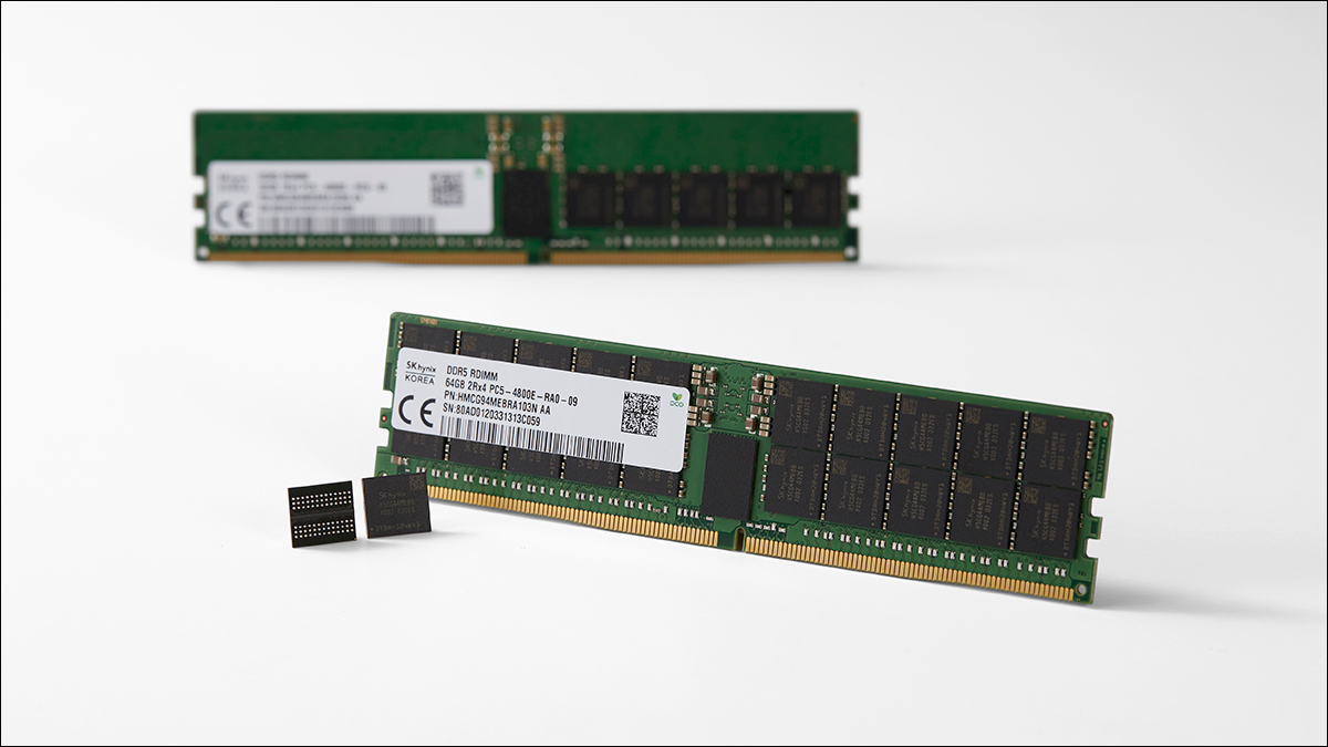 Duas memórias RAM DDR5 com o PCB vazio e os chips de RAM aparecendo.