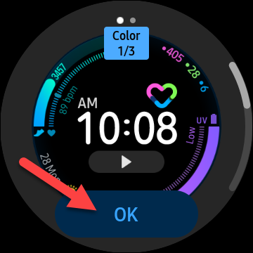Toque em "OK" para confirmar que deseja usar o mostrador do relógio personalizado