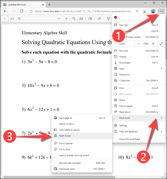 Clique no menu de reticências (três pontos) no canto superior direito, abra "Mais ferramentas" e selecione "Math Solver".