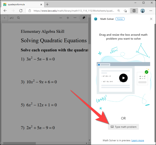 Em seguida, selecione o botão "Digitar problema de matemática" para abrir o teclado matemático.