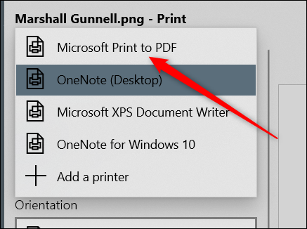 Selecione a opção "Microsoft Print to PDF".