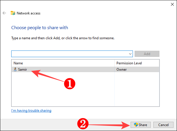 Selecione sua conta de usuário do Windows na lista e clique no botão "Compartilhar" na parte inferior.