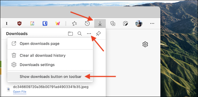 No menu suspenso Downloads, clique no botão de menu de três pontos e escolha a opção "Mostrar botão de downloads na barra de ferramentas".