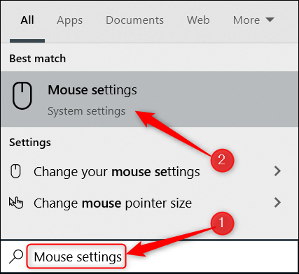 Digite "Configurações do mouse" no Windows Search e clique na opção Configurações do mouse.