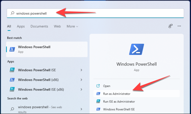 Depois de clicar em Iniciar, digite "windows powershell" na Pesquisa do Windows e selecione "Executar como administrador".