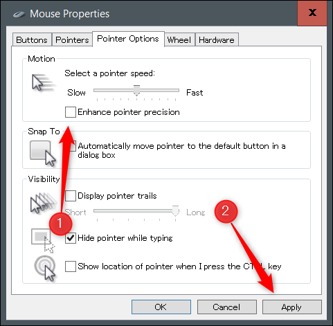 Desmarque “Enhance Pointer Precision” e clique em “Aplicar”.