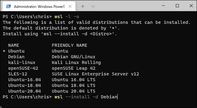 Liste as distribuições Linux disponíveis e instale uma.
