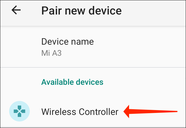 Na página "Emparelhar novo dispositivo" do seu telefone Android em Configurações, selecione "Controlador sem fio" em "Dispositivos disponíveis".