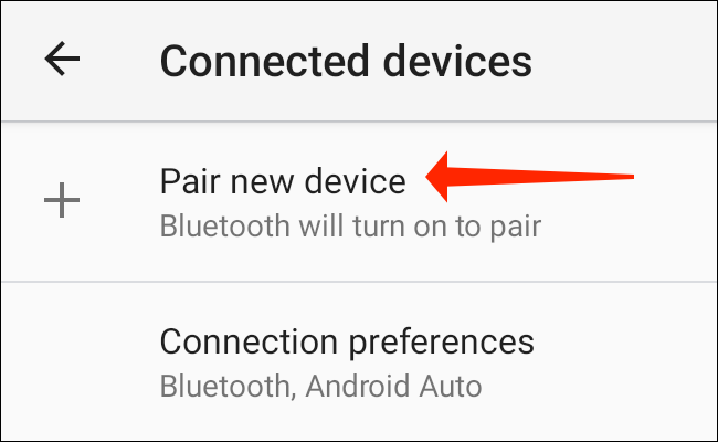 Na página "Dispositivos conectados" nas configurações do Android, toque em "Emparelhar novo dispositivo" para colocar seu telefone no modo de emparelhamento. 