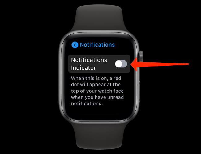 Desative o botão ao lado de "Indicador de notificações" para ocultar o ponto vermelho em seu Apple Watch.