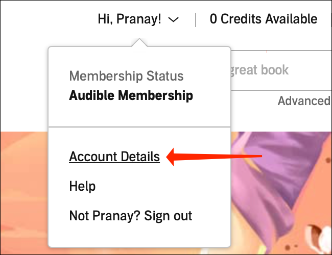 No menu suspenso no site da Audible para desktop, selecione "Detalhes da conta". 