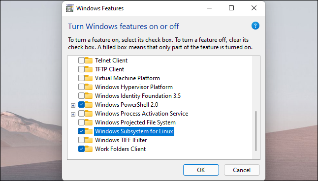Habilite a opção “Subsistema Windows para Linux” e clique em “OK”.
