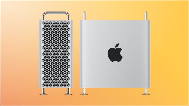 Mac pro lado e frente em fundo amarelo