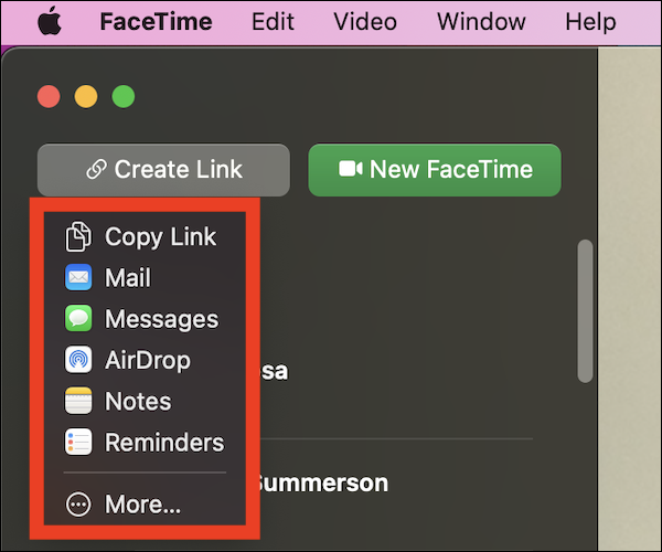 Escolha como você gostaria de compartilhar o link do FaceTime no seu Mac