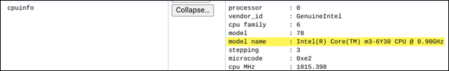 O nome e a velocidade da CPU do seu Chromebook serão listados ao lado de "Nome do modelo"
