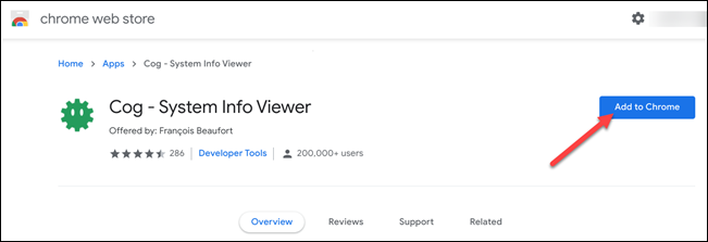 Clique no botão "Adicionar ao Chrome" na lista de "Cog - Visualizador de informações do sistema"