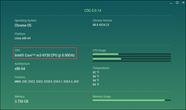 As informações do modelo de CPU do seu Chromebook serão listadas em "CPU"