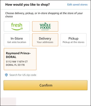Página de opções de entrega na Amazon.