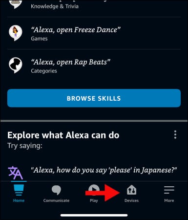 Toque em "Dispositivos" no aplicativo Alexa
